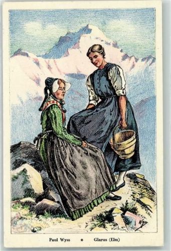 8767 Elm - 2 Frauen in Glarner Tracht auf dem Berg