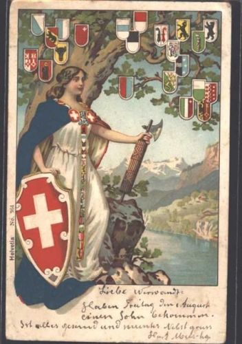 Nr. 364 AK mit Stoff Prägedruck Wappen AK Helvetia Gebrauchsspuren