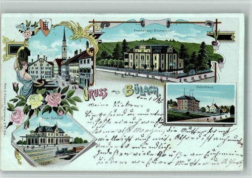 8180 Bülach 1901 BOAKC Lithographie Krankenasyl Brunnerstift Schulhaus Neuer Bahnhof Eisenbahn