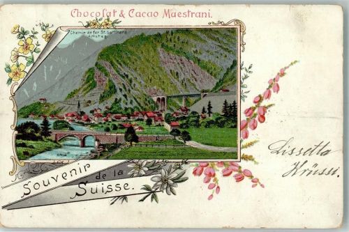 6474 Amsteg Lithographie Gotthardbahn Werbung Chocolat und Cacao Maestrani