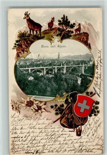 3000 Bern Berne 1902 Passepartout Prägedruck Alpen Gämsen Jagd Lithographie