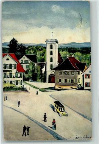 8580 Amriswil 1917 Künstlerkarte Marktplatz mit Konzerthalle nach Temperabild von Hans Leitmann