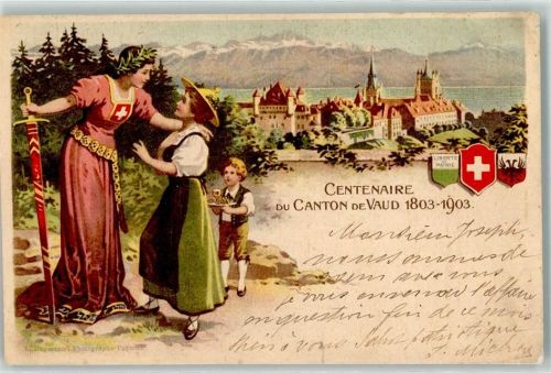 Tracht Centenaire du Canton de Vaud Helvetia Wappen Helvetia 1803 Lithographie