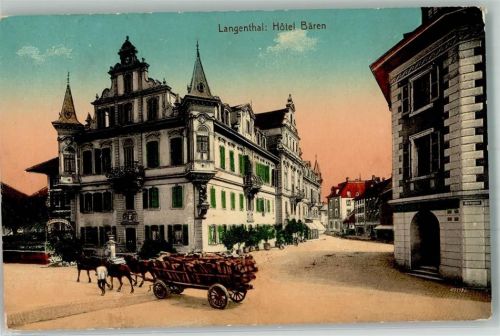4900 Langenthal 1911 Foto AK Hotel Bären Pferdefuhrwerk