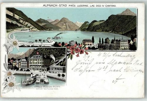 6053 Alpnachstad 1898 Lithographie Hotel Pension Pilate Müller-Britschgy Dampfer