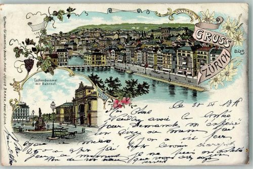 8000 Zürich 1899 Lithographie Escherdenkmal mit Bahnhof