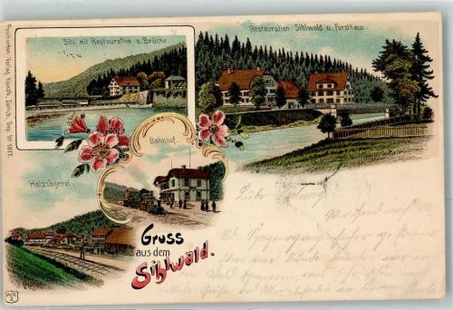 8135 Sihlwald 1901 Lithographie Sihl Gasthaus Brücke Forsthaus Holzsägerei Bahnhof Verlag Künzli Nr 1877