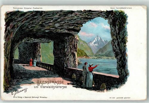 6440 Vierwaldstättersee Künstlerkarte Axenstraße sign. C. Steinmann