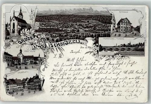 9220 Bischofszell 1898 Gebrauchsspuren Rathaus Stifts- Kirche Grubplatz Lithographie