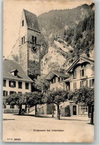 3800 Unterseen 1907 Foto AK Geschäft Turm