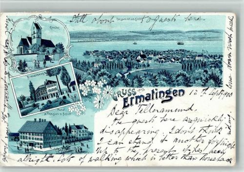 8272 Ermatingen 1900 BOAKC Lithographie Arenenber Hotel Pension Zum Adler Kirche Gebrauchsspuren, bitte Scan genau beachten!