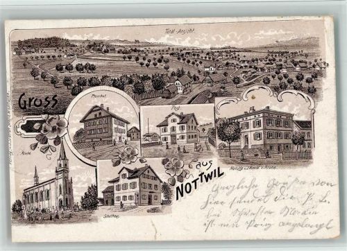 6207 Nottwil 1905 BOAKC Lithographie Handlung Arnold z. Krone Pfarrhof Kirche Post Schulhaus Gebrauchsspuren, bitte Scan genau beachten!