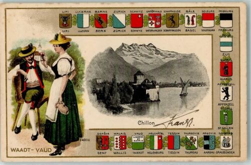 1820 Veytaux-Chillon 1909 Prägedruck Tracht Waadt Vaud Wappen Schloss Chillon
