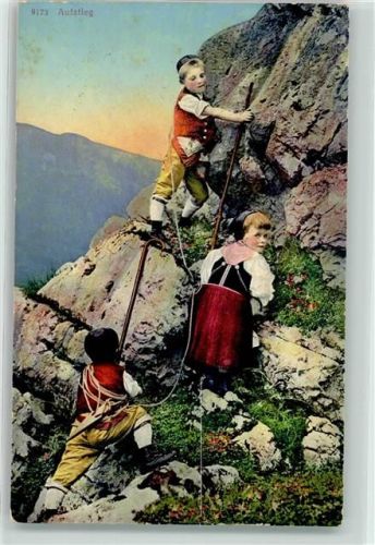 9107 Urnäsch 1914 - Bergsteiger Gipfelanstieg 3 Kinder in Tracht Ort lt. Stempel