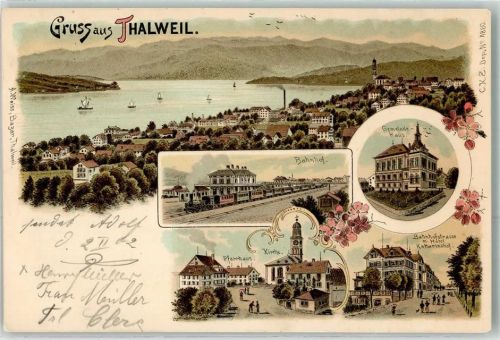 8800 Thalwil 1902 Lithographie Bahnhof Eisenbahn Gemeindehaus Pfarrhaus Kirche Bahnhofstrasse Hotel Katharinahof