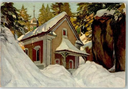6356 Rigi Kaltbad Künstlerkarte Winter sign. Hodel Kapelle