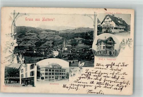 6102 Malters 1903 Foto AK Postamt Telegraph Gasthaus Kreuz Gasthaus zum Klösterli Schulhaus