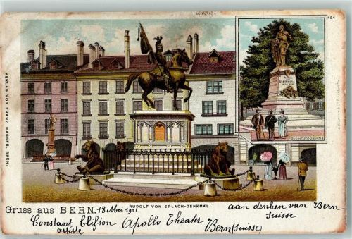 3000 Bern Berne 1901 Lithographie Rudolf von Erlach-Denkmal Bubenberg-Denkmal