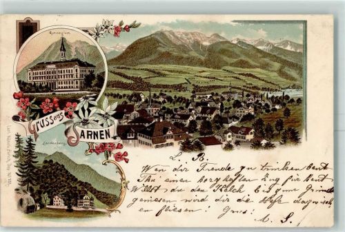 6060 Sarnen 1899 Gebrauchsspuren Gymnasium Landenberg Lithographie