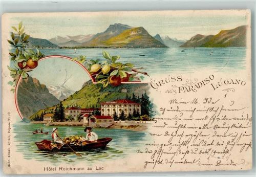 6900 Paradiso 1898 Gebrauchsspuren Hotel Reichmann au Lac Ruderboot Lithographie