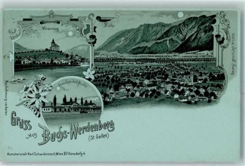 9470 Werdenberg Lithographie / Mondschein Werdenberg Buchs Grenzbahnhof Buchs