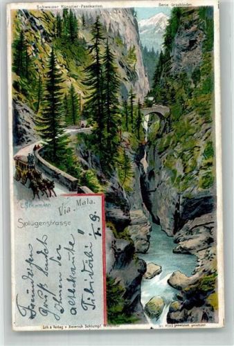 7430 Thusis 1906 Lithographie sign. Steinmann, c. Postkutsche Via Mala