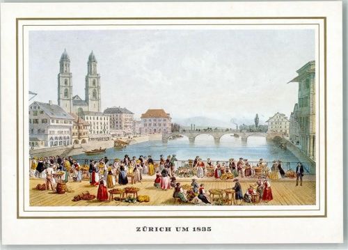 8000 Zürich Lithographie Zürich um 1835 Münsterbrücke mit Grossmünster