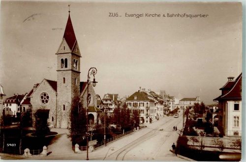 6300 Zug Zugo 1924 Foto AK Ev. Kirche Bahnhofsquartier
