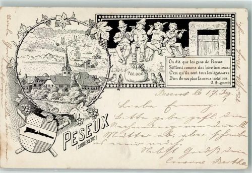 2034 Peseux 1898 Künstlerkarte Jungen auf Mauer spielen Flöte Wappen Weinreben