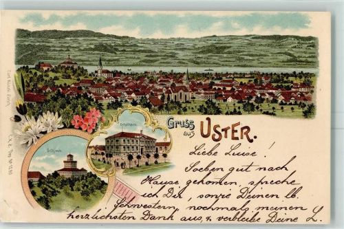 8610 Uster 1898 Gebrauchsspuren Schulhaus Schloss Lithographie