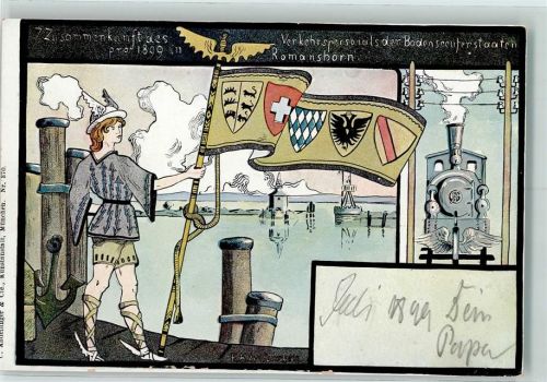 8590 Romanshorn 1899 Künstlerkarte 7. Zusammenkunft des Verkehrspersonals der Bodenseeuferstaaten Fahnenträger Dampflokomotive sign