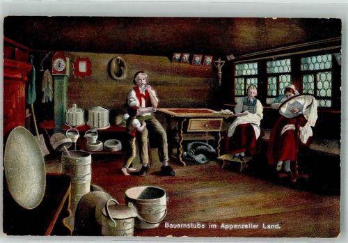 9000 St. Gallen S. Gallo 1913 Foto AK Tracht Bauernstube appenzeller Land Bahnpost Zug 3551