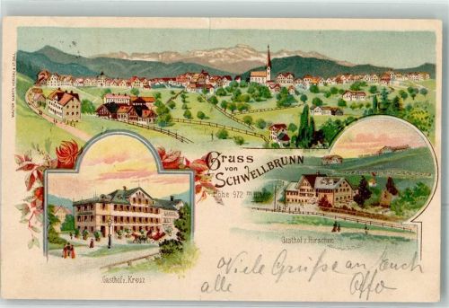 9103 Schwellbrunn Gebrauchsspuren Gasthaus zum Kreuz Gasthaus zum Hirschen Lithographie