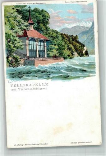 6452 Sisikon Lithographie sign. Steinmann, C. Tellskapelle Vierwaldstättersee