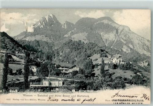 8872 Weesen 1904 Gebrauchsspuren Bahnhof und Hotel Speer und Mattstock