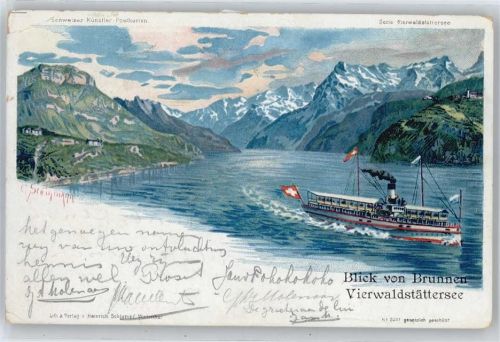6440 Vierwaldstättersee Lithographie / Künstlerkarte Dampfer , sign. C.Steinmann