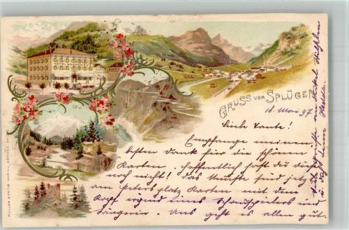 7435 Splügen 1897 Gebrauchsspuren Hotel Bodenhaus Gruß vom Splügen Lithographie
