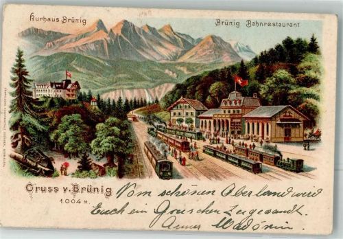 3860 Brünig 1900 Lithographie Gasthaus Bahnrestaurant Eisenbahn Bahnhof Kurhaus