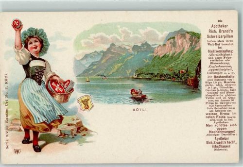 6441 Rütli Lithographie Tracht Werbung Apotheker Rich. Brandts Schweizerpillen Serie XVIII Kanton Uri Nr. 3