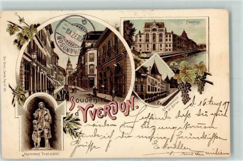 1400 Yverdon-les-Bains 1897 Lithographie Monument Pestalozzi Kaserne Etablissement de Bains