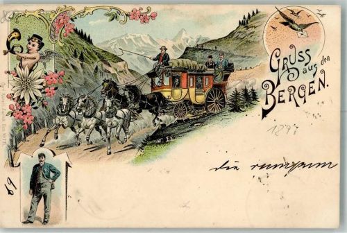 Grus aus den Bergen Postkutsche Verlag Künzli Postkutsche Schweiz 1897 Lithographie / Künstlerkarte