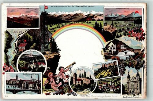 Bad Schauenburg 1910 Lithographie Sonnenaufgang Sonnenuntergang Basel Birseck Schloss Dornach Domkirche Arlesheim Regenbogen Kinder Fernrohr