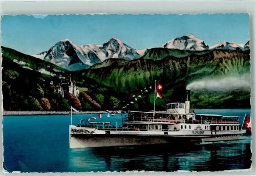 3652 Hilterfingen Gebrauchsspuren Thunersee mit Dampfer Blümlisalp Schloss Hünegg Eiger Mönch und Jungfrau
