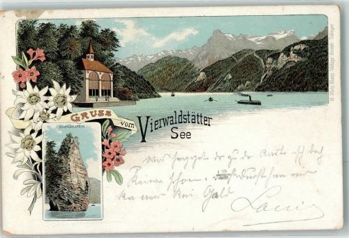 6440 Vierwaldstättersee 1898 Gebrauchsspuren Dampfschiff Ruderer Lithographie