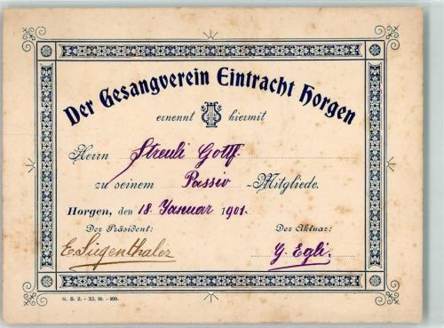 8810 Horgen 1901 KEINE AK Mitgliedskarte der Gesangsverein Entracht Horgen