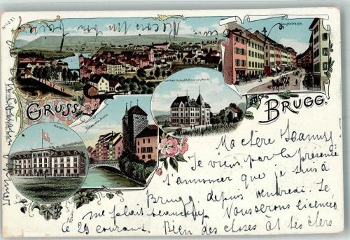 5200 Brugg AG 1903 Gebrauchsspuren Kaserne Schwarzer Turm Schule hauptstrasse Lithographie Feldpost Eidgen. Kriegskommisariat