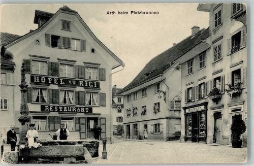 6415 Arth Foto AK Hotel du Rigi Geschäft Am Platzbrunnen