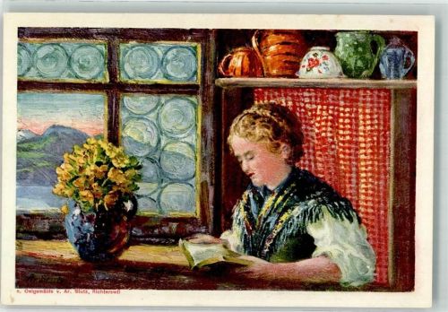 8805 Richterswil Künstlerkarte sign. Stutz Lesende Frau Tracht Blumenstrauss
