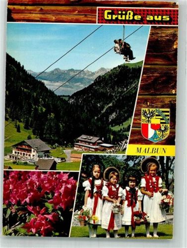 9497 Malbun 1971 Foto AK Tracht Kinder Seilbahn Wappen