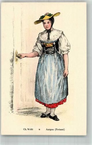 Lithographie / Künstlerkarte Tracht Frau Aargau